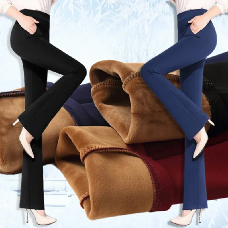 

Women Winter Warm Pants Velvet Thick Trousers High Waist Elastic Middle Aged Mother Stretch Straight 3XL L05