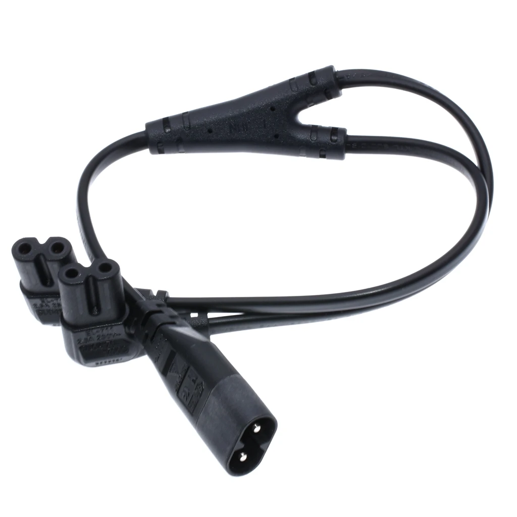 IEC 320 C8 Male to Dual C7 Right Angle Female Y Split Power Cable, IEC 2Pin Figure 8 Male to 2 Female Cord 39CM