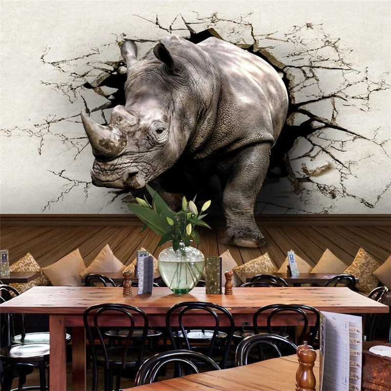 Custom Photo Wallpaper 3d Murals Broken Stereo Walls Out of Rhinoceros Mural restaurant Background wall papr 3d papel de parede