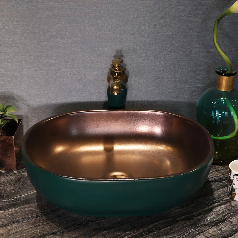 Modern Deep Green Golden Plated Simple Style Ceramic Wash Basin