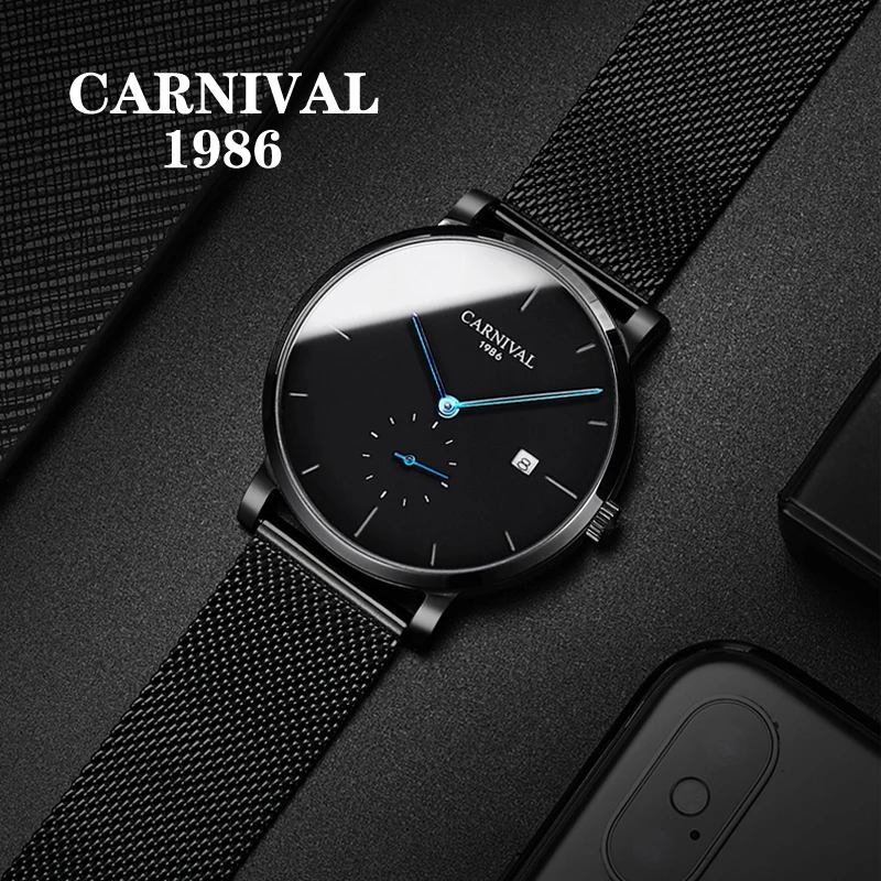 Carnival Fashion Mechanical Watch Men Black Stainless Steel Mesh Strap Waterproof Calendar Small Seconds Design Mens Watches