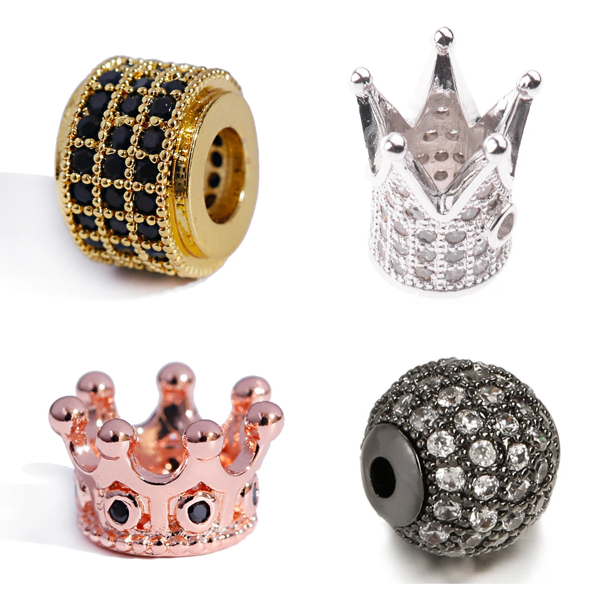 2pcs/Lot Copper Spacer Beads Micro Pave CZ Zircon Crown Skull Round Ball Charms for Beaded DIY Making Bracelet Accessories