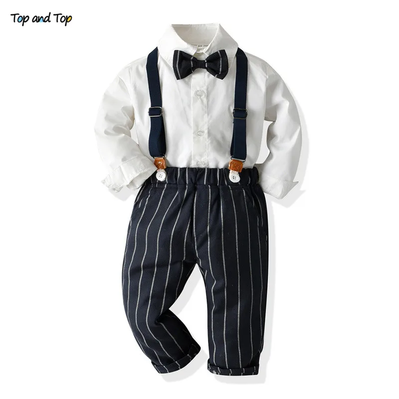 

Top and Top Kids Boy Clothes Gentleman Set Long Sleeve Bowtie Shirt+Suspender Striped Pants Clothes Outfits Children Costume