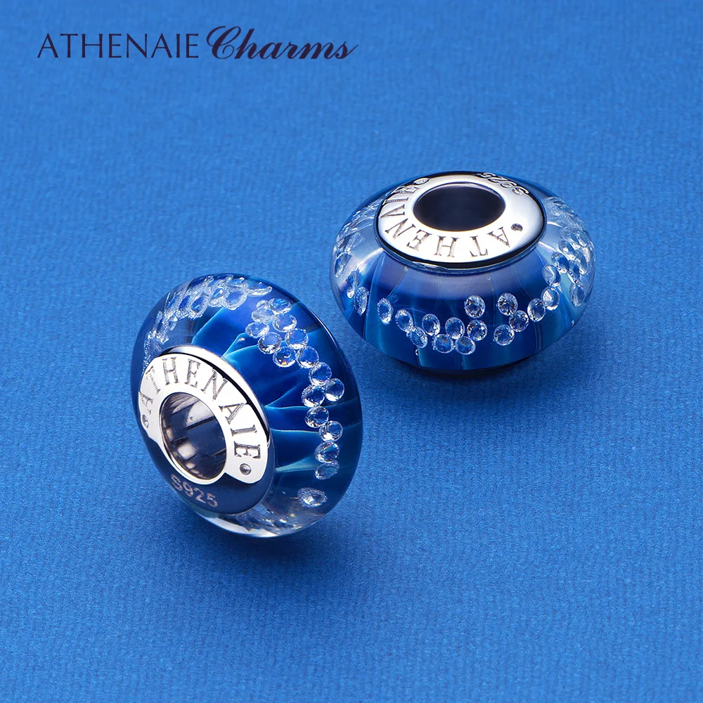 ATHENAIE 925 Sterling Silver Blue Sea Clear CZ Murano Glass Beads Charms Festival Collection Jewelry for Women DIY Bracelet Gift