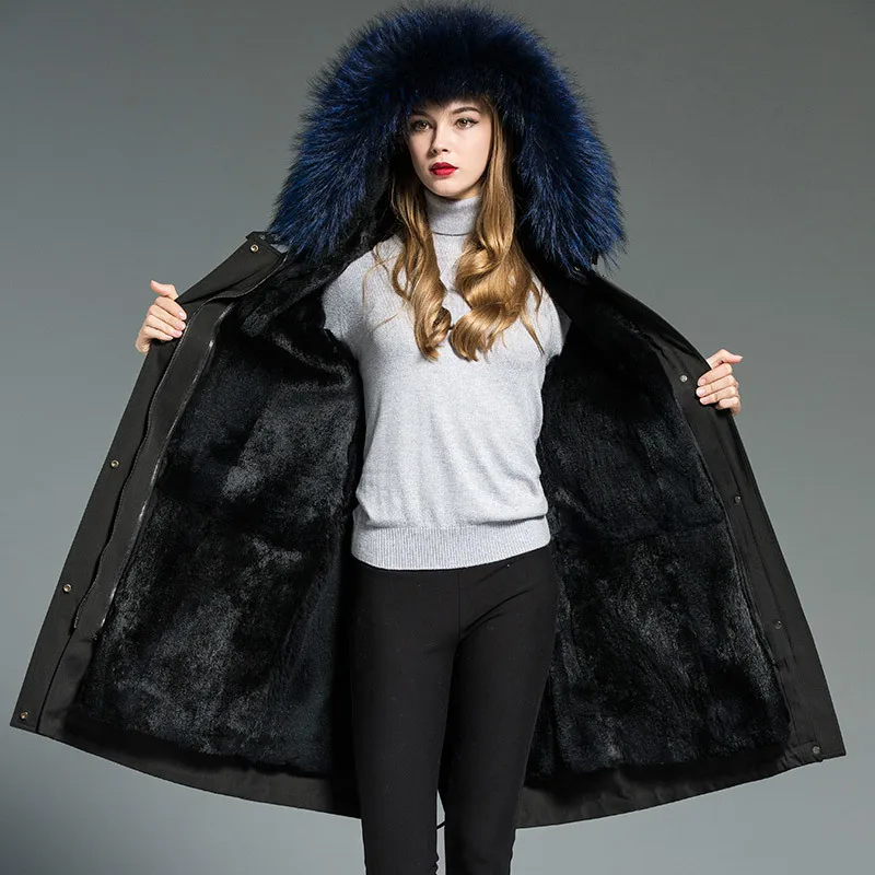 

Luxury Women's Fur Coat Female Natural Rabbit Fur Liner Parka Winter Jacket Women Raccoon Fur Collar Long Coats MY3499