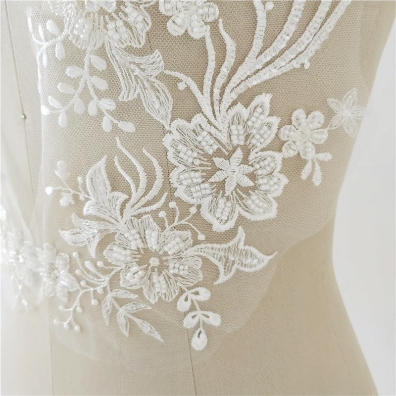 1 Pc  38X18CM High-end Ivory Embroidered Beaded Sequins Decorative Flower Apparel Skirt Wedding Dress diy Lace Applique Sewon