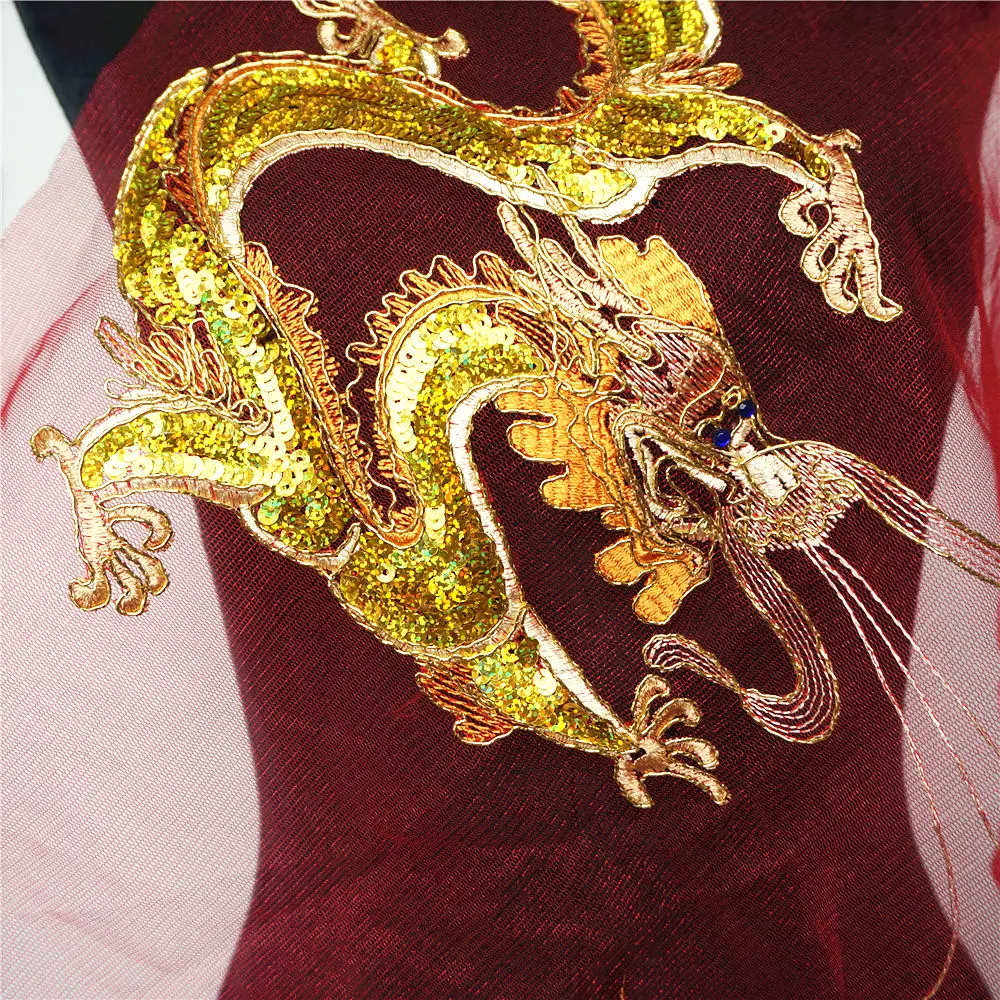 Gold Chinese Dragon Sequins Red Lace Trims Mesh Rhinestone Sew On Patches Embroidery For Wedding Appliques Decoration