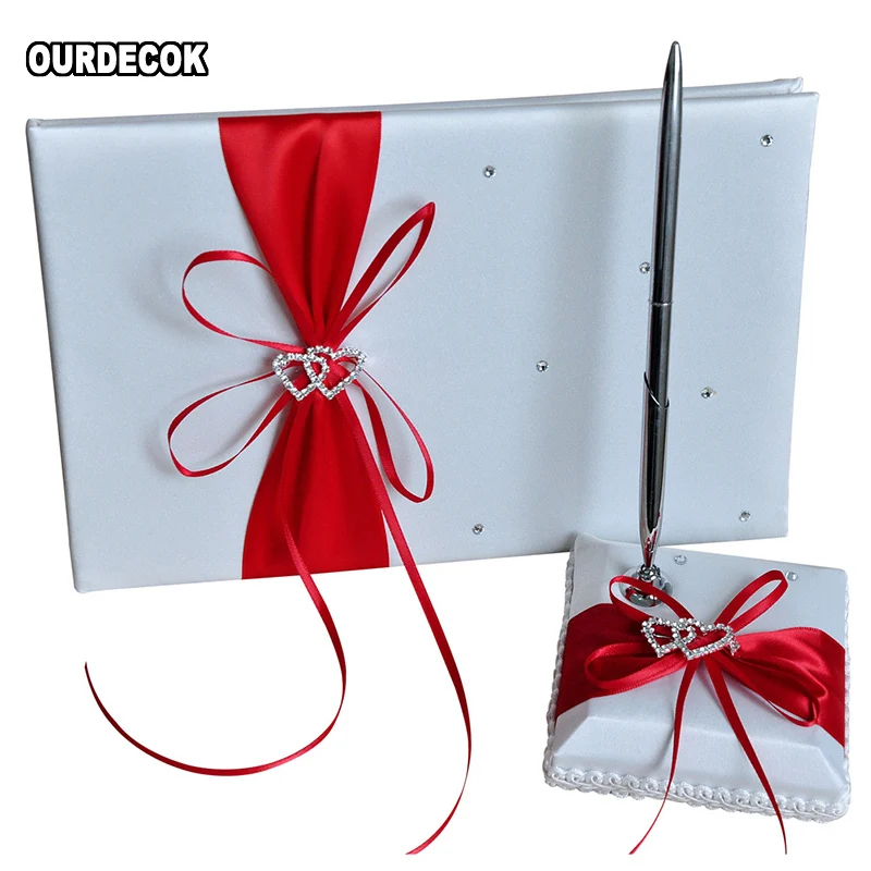 2Pcs/set Wedding Satin Signature Book Pen Set Rhinestone Bowknot Pearl decor Wedding Party Products Supply