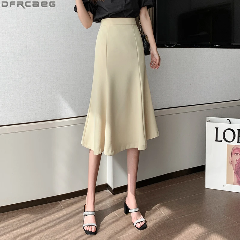 

Elegant Solid High Waist Skirts Women New Spring Fashion Korean Style Mermaid Skirt Yellow Black Beige Office Midi Falda Mujer