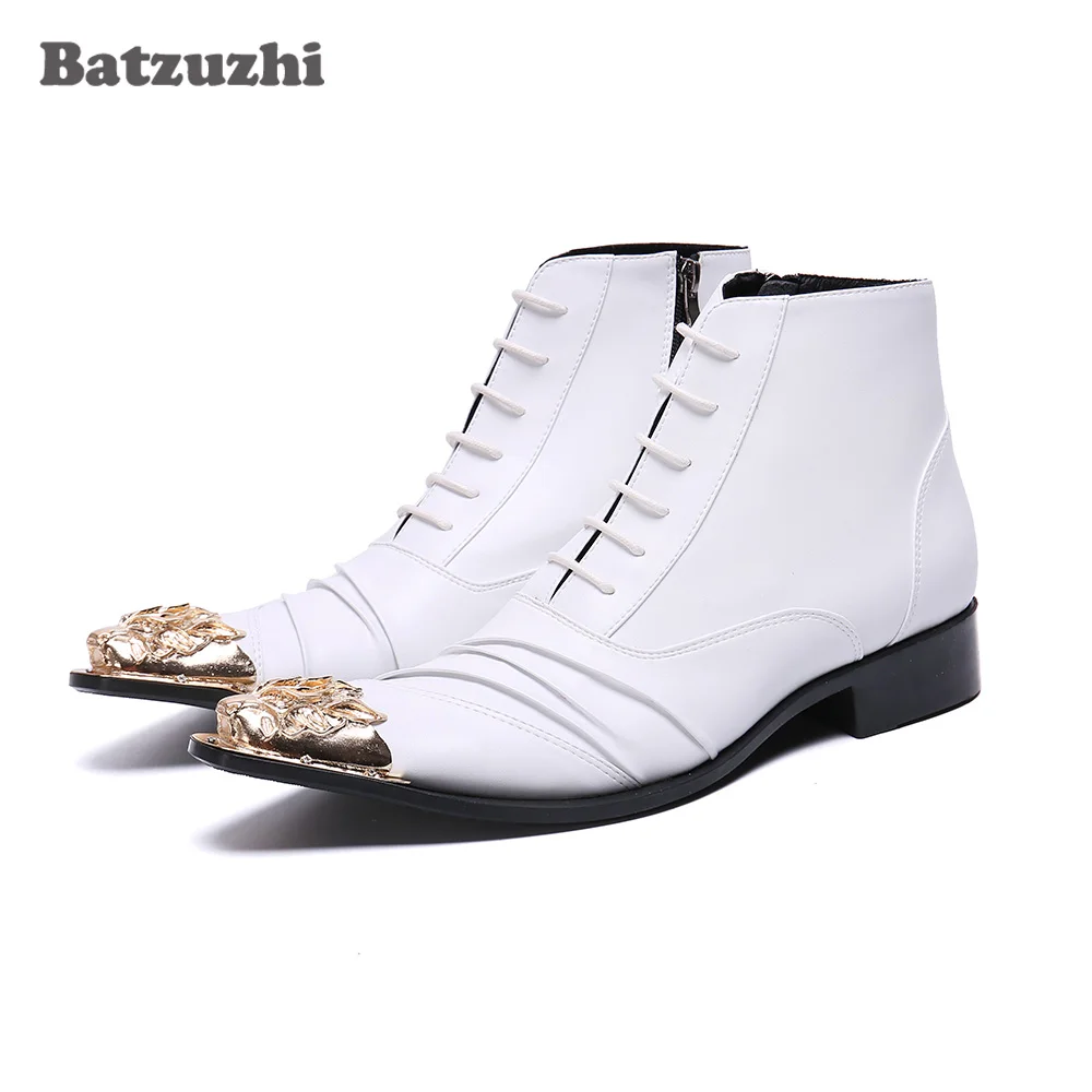 

Batzuzhi Genuine Leather Ankle Boots Men Boots Gold Iron Toe Lace-up White Wedding Dress Boots Men Business botas hombre, 12