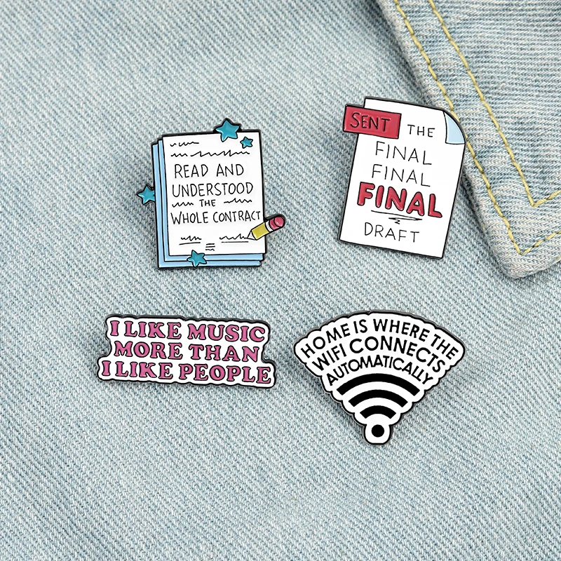 Funny Quote Enamel Pins Book Post-it WiFi Brooches Backpacks Lapel Pin Badges Cartoon Metal Jewelry Gifts for Friends Wholesale