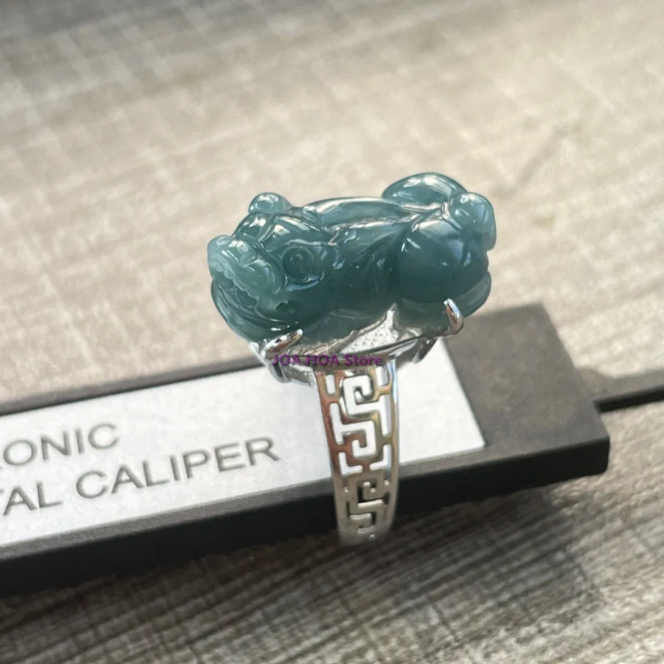 New S925 Silver Inlaid Jade HandRing Natural Oil Cyanblue Ring Handcarved China Beast Pixiu Exquisite Jewelry Perfect Holiday