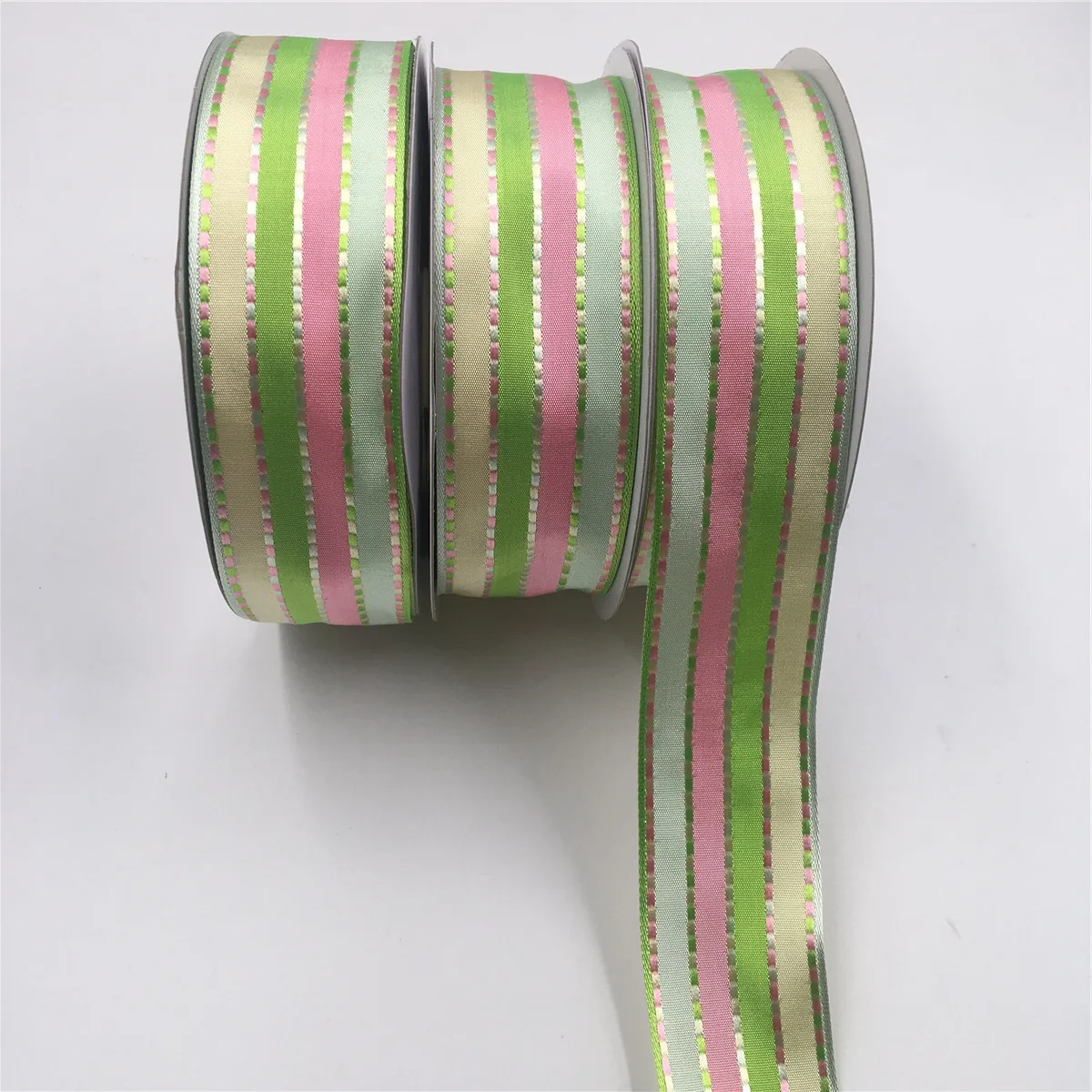 

38mm 25Yards Wired Edges Yellow Green Pink Stripes Ribbon Stitched Line for Birthday Christmas Gift Box Wrapping Decoration DIY