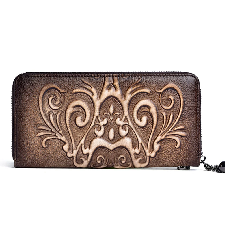 

Female Cowhide Wrist Clutch Bags Wallet Embossing Retro ID/Credit Cards Handy Bag Multi-Pockets Genuine Leather Women Long Purse