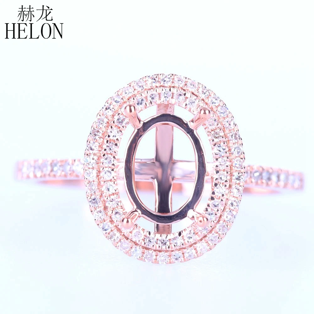 

HELON Solid 14K Rose Gold Oval cut 8x6mm Semi-Mount Engagement Ring Pave 0.3ct Natural Diamond Wedding Ring Women Trendy Jewelry