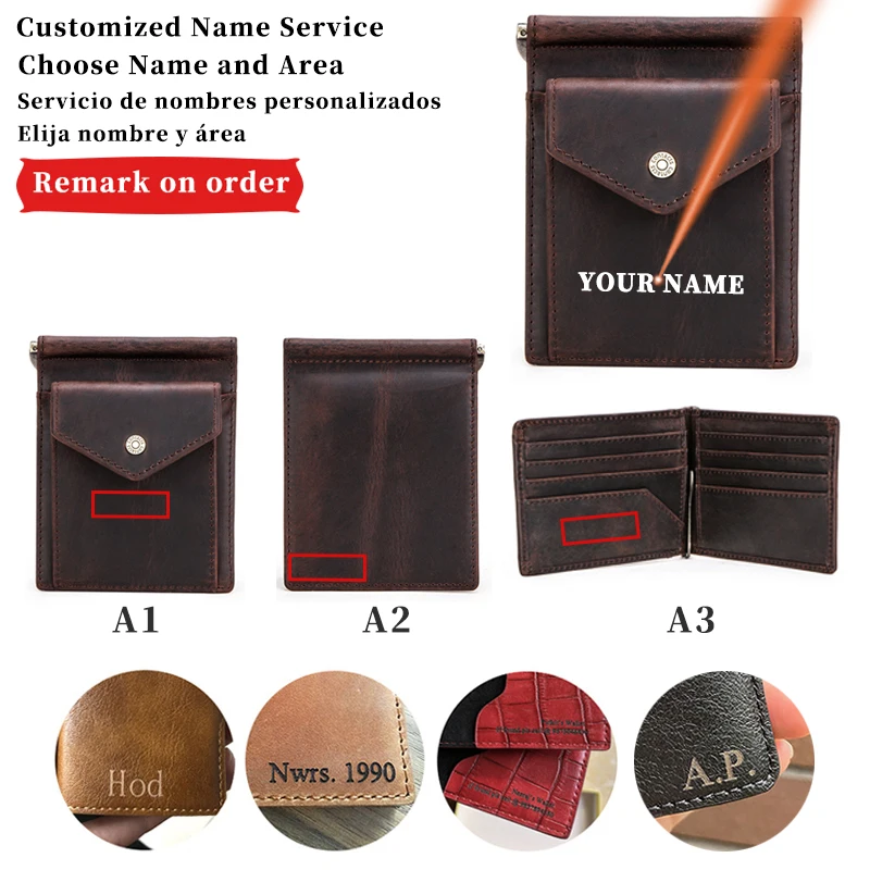 Free Engraving Name Slim Money Clip Money Case Genuine Leather Card Wallet Men Women Bifold Wallets with Coin Pocket Gift