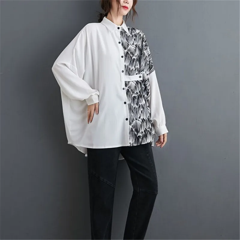 Plum-Size Women\'s 2020 New Autumn Outfit PatChwork Collared Loose Shirt With Long Sleeves Slimming Design Blouse