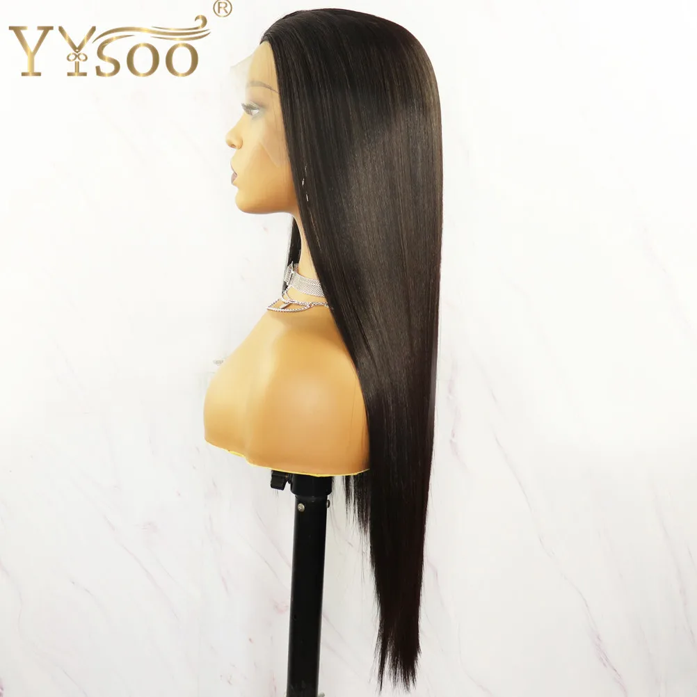 YYsoo-Peluca de cabello sintético para mujeres negras, cabellera de 13x4 de largo, Color liso y sedoso con malla frontal, resistente al calor, fibra