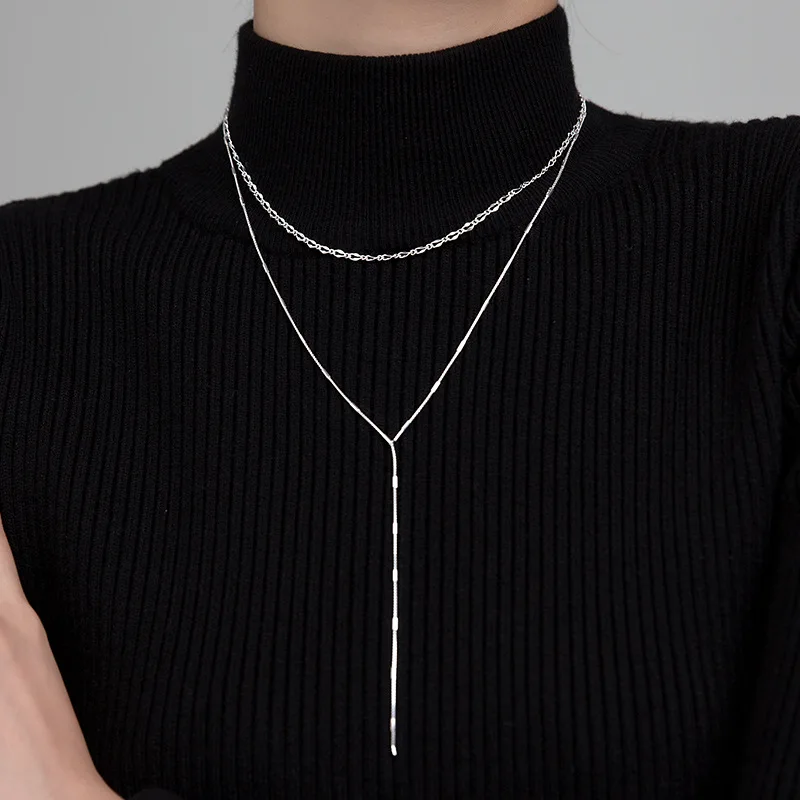 925 Silver Jewelry Woman 100% Silver On The Neck Long Tassel Sweater Double Chain Female 2021 Autumn Fine Special Necklace