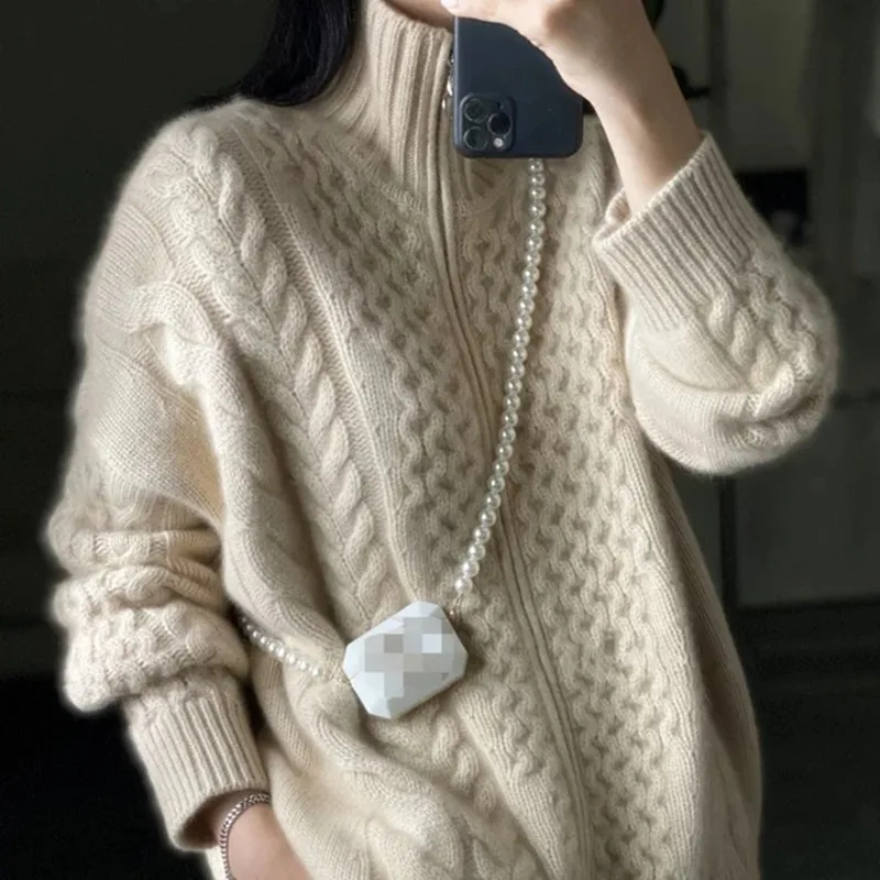 Autumn And Winter New Thick Turtleneck Cashmere Knitted Cardigan Women's Loose Wool Sweater Cardigan Larg Size Female Jacket Top