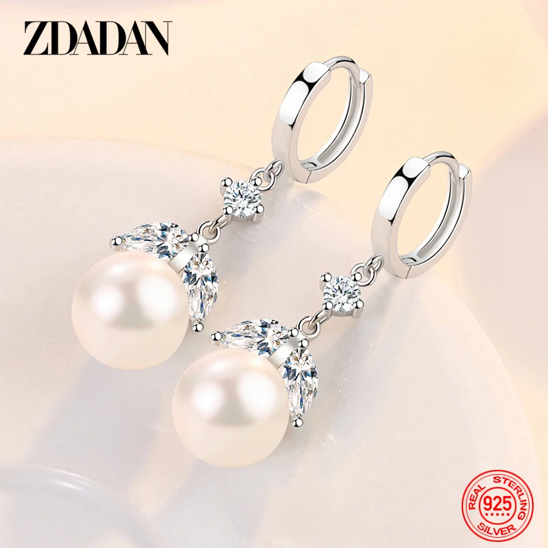 ZDADAN 925 Sterling Silver Leaf 12mm Pearl Earrings For Women Fashion Wedding Party Jewelry Gift