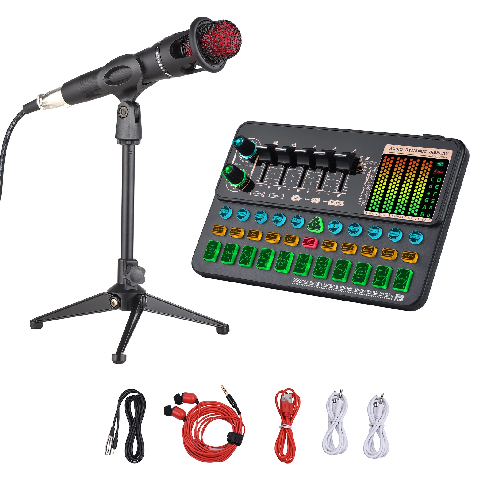 Muslady SK500 Portable Live Sound Card Voice Changer Device Audio Mixer Kit with Microphone Mic Stand Earphone for Live Karaoke