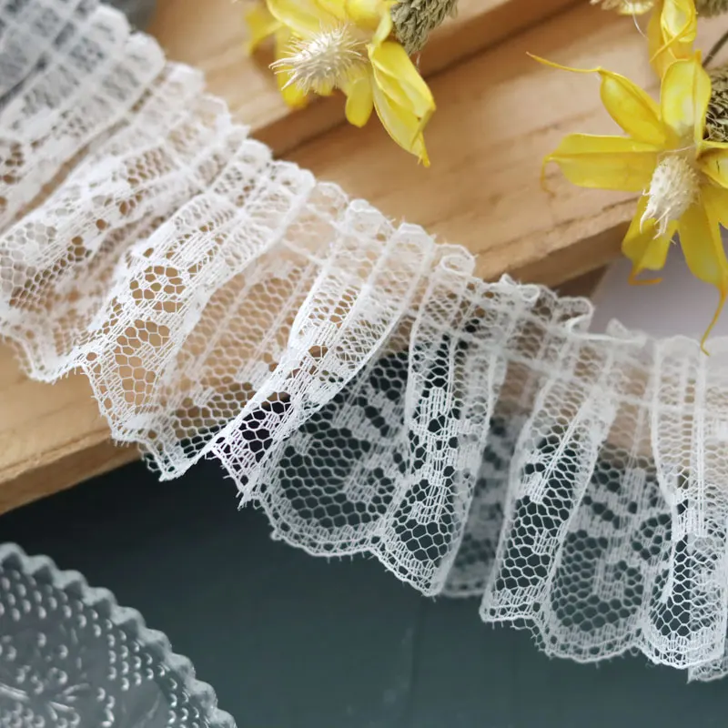 5cm Wide Hot Embroidered White Flower Lace Dubai Pleated Hollow Sewing DIY Trim Fringe Applique Ribbon Collar Guipure Decor