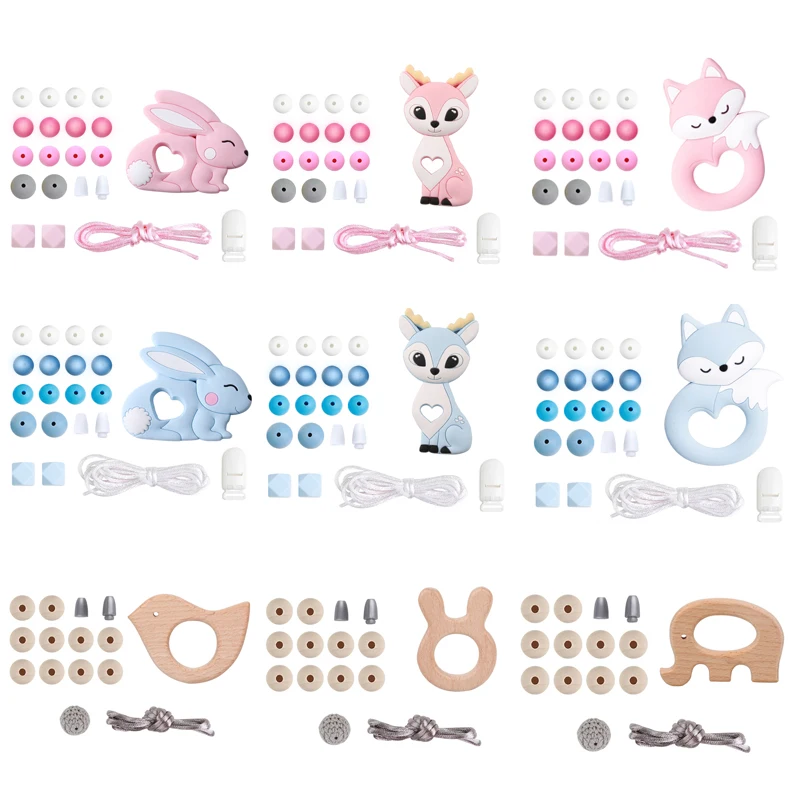 1set Silicone Beads Teether Rodent Food Grade BPA Free Fox Rabbit DIY Accessories Set Pacifier Chain Clips DIY Necklace Baby Toy