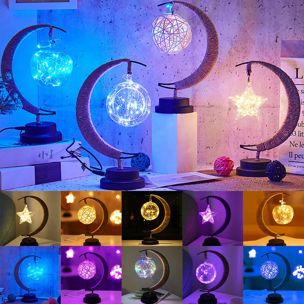 USB Battery Christmas Lighting Hemp Rope Industrial Metal Cage Atmosphere Moon Lamp Bedroom Decor Star Sepak Takraw Night Lights