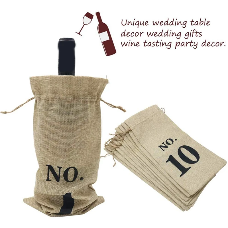 10Pcs Jute Wine Bags, 14 x 6 1/4 Inches Hessian Numbered Wine Bottle Gift Bags with Drawstring for Blind Wine Tasting (Brown)