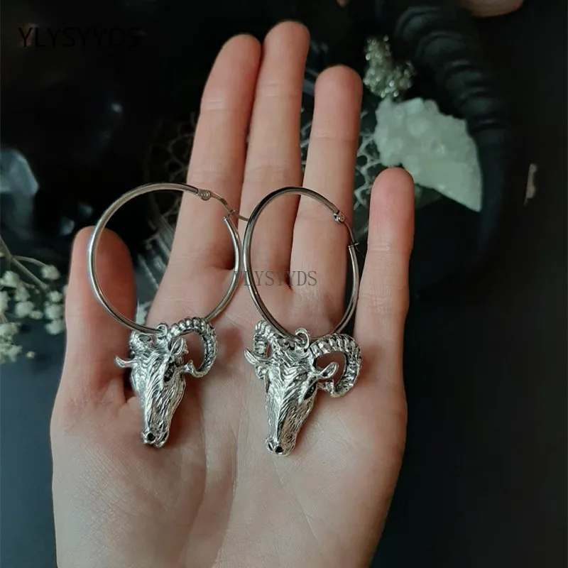 Baphomet-Boucles d\'oreilles créoles de chèvre pour femme, sorcière gothique, satan occulte, bijoux dermatologiques, crâne de bélier satanique,