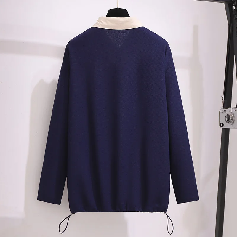 150Kg Plus Size Women's Spring Autumn Loose Shirt Collar Sweatshirt Bust 157cm 6XL 7XL 8XL 9XL 10XL Fake Two-Piece Top Navy