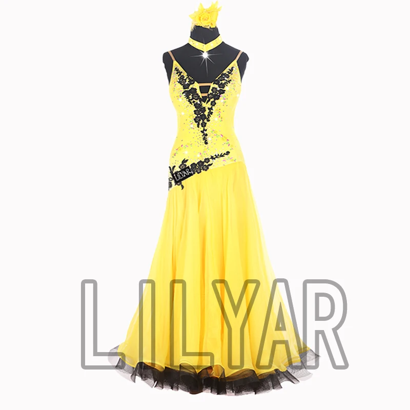 Vestido de baile de salón, falda estándar, competición, actuación, bordado amarillo personalizado para adultos, nuevo