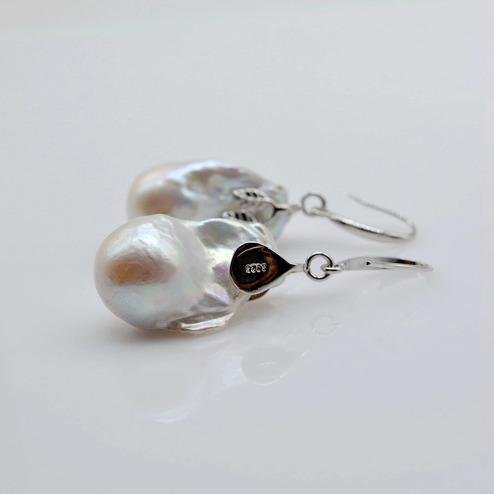 Women\'s Earrings White Natural Baroque Pearl Silver Earrings Diameter 15mm Water Drop Pearl Drop Baroque Earrings Free Shipping