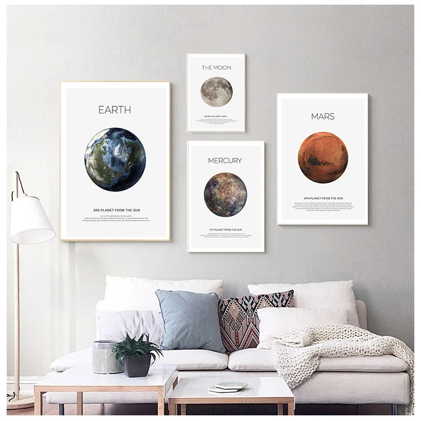 Cuadro del sistema Solar, póster de astronomía, arte de pared espacial, impresión en lienzo, pintura nórdica, decoración de habitación de niños, planeta, tierra, luna, marte