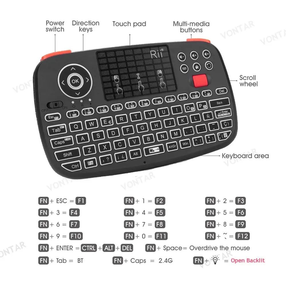 Mini teclado sem fio BT com mouse de ar retroiluminado para Windows, Rii i4, 2.4G, russo, inglês, Espanha, Android