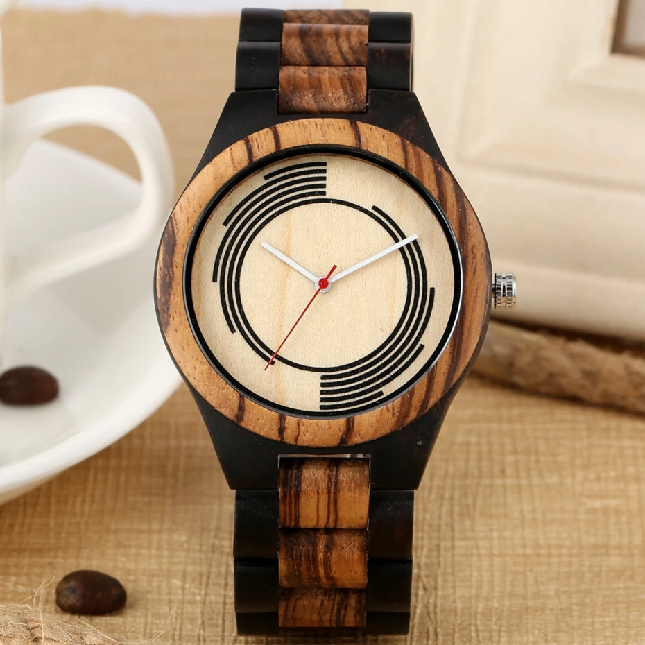 Retro Ebony Wood Spiral Stripe Watch Men's Unique Geometry Design Quartz Watch Male Watches Full Wooden Band Bangle Gift Relogio