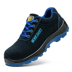 plus size men's casual steel toe caps shoes blue cow suede leather welding safety shoe tooling security work boots safe sneakers