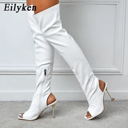 Eilyken Design White Black Peep Toe Over The Knee Boots Fashion Runway Sexy Zip Womans Cut-Out Thin High Heels Shoes