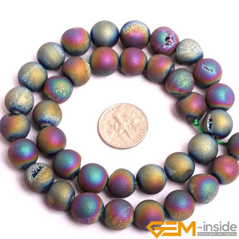 6 8 10 1214mm Round Metallic Titanium Coated Druzy Agates Beads Natural Stone For Jewelry Making Drusy Quartzs Agates Bead 15\