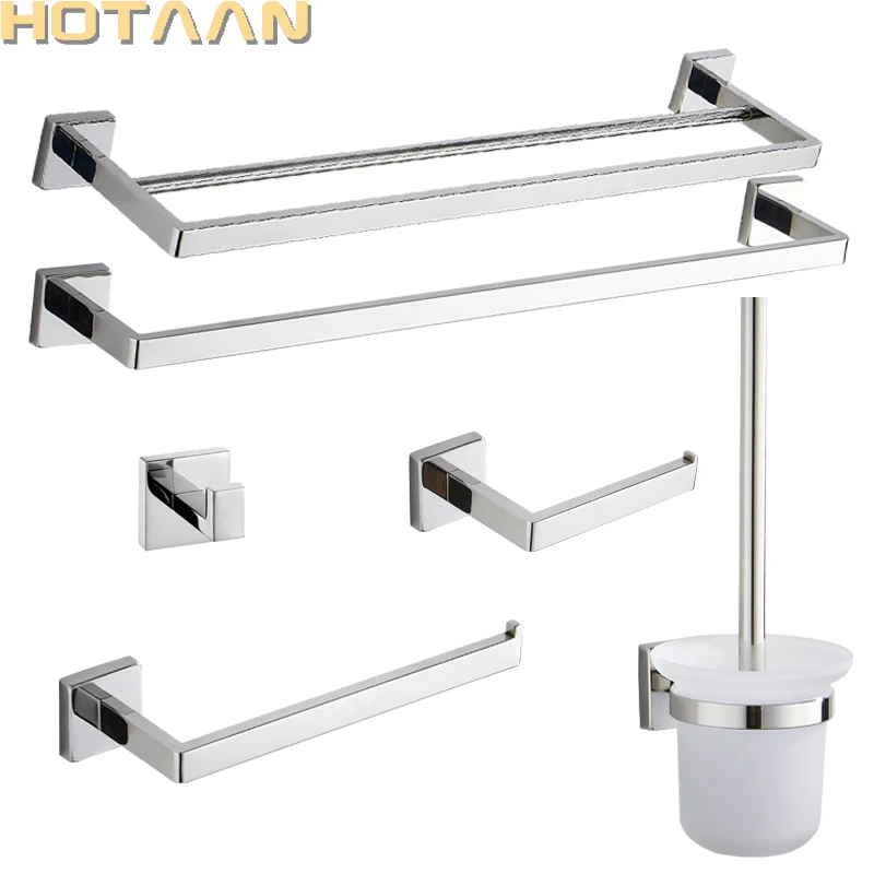 

Stainless Steel Bathroom Hardware Set Chrome Polished Toothbrush Holder Paper Holder Towel Bar Bathroom Accessories Square Shape