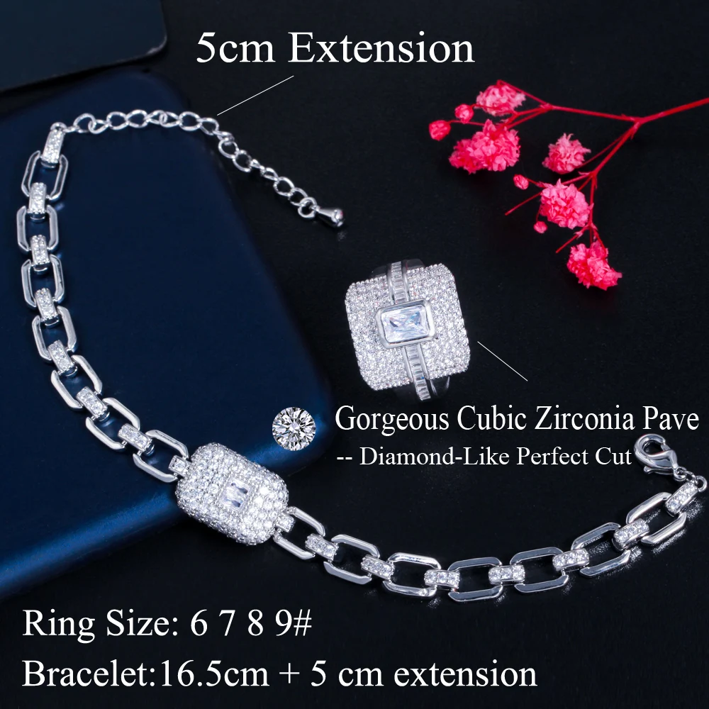 CWWZircons Bling White Gold Color Green Cubic Zirconia Cuban Link Chain Bracelet and Ring Sets for Women Engagement Jewelry T538