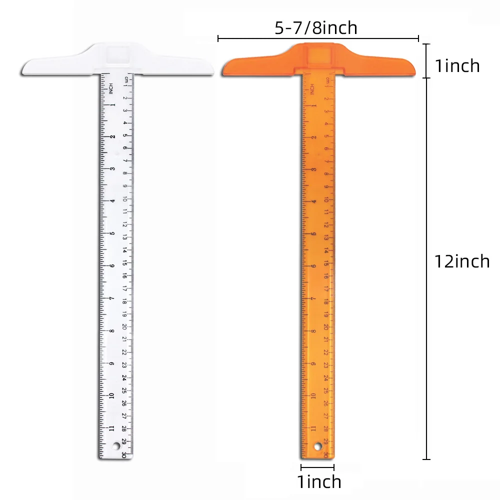 1Pcs T-shaped Double Side Scale Ruler Drafting Drawing Tool Plastic School Office Supplies Stationery Accessory 30cm (Inch, Cm)