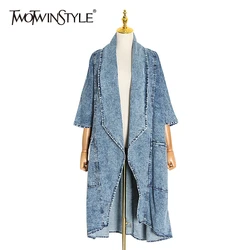 TWOTWINSTYLE Vintage Denim Women Windbreaker Lapel Collar Half Sleeve High Waist Trench Coats Female Fashion Clothing 2020