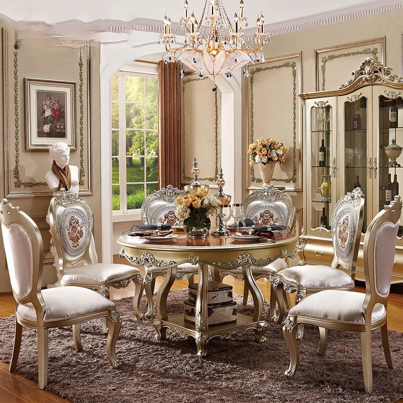 European dining tables and chairs Small solid wood dining tables Luxury champagne round dining tables and chairs combination