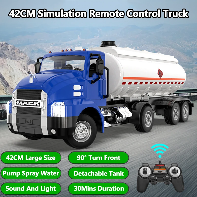 1:16 Simulation Remote Control Tanker 42CM 90° Turn Front Pump Detachable Tank Spray Water Sound&Light 30Mins RC Truck Model To