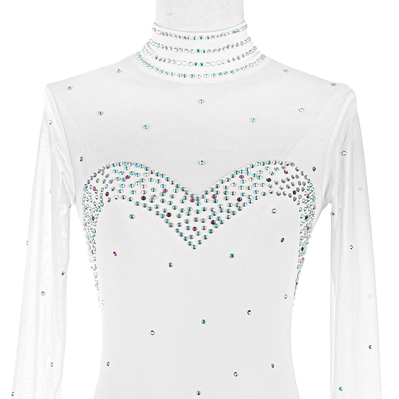 White Gradient Figure Skating Dress For Women And Girls Long Sleeve Ice Figure Skating Clothes With Rhinestones