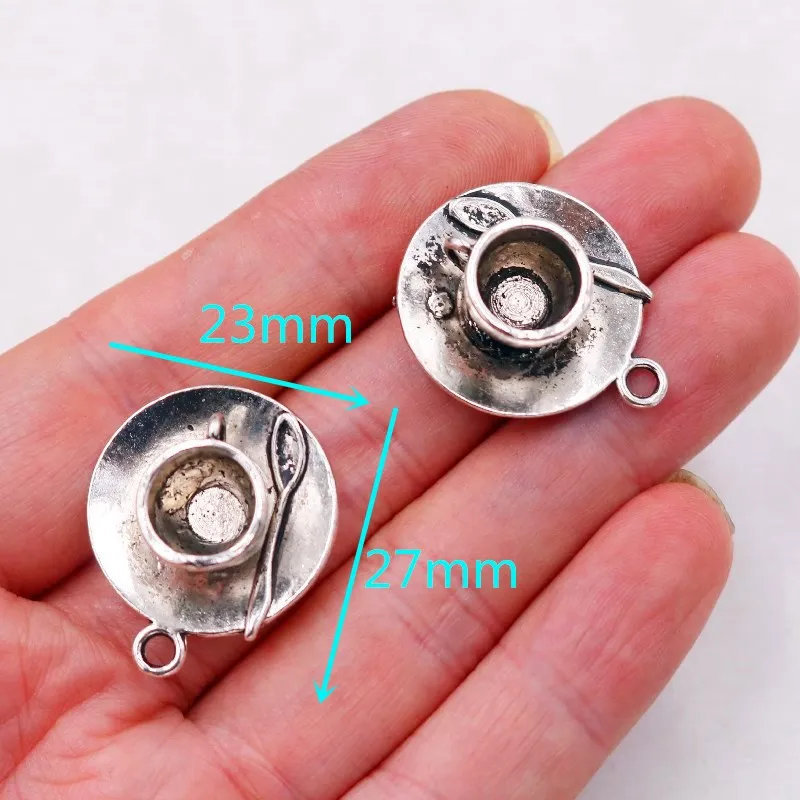 6pcs Silver Plated 3D Coffee Cup & Spoon Pendants Retro Necklace Bracelet Accessories DIY Charms For Jewelry Crafts Making A2340