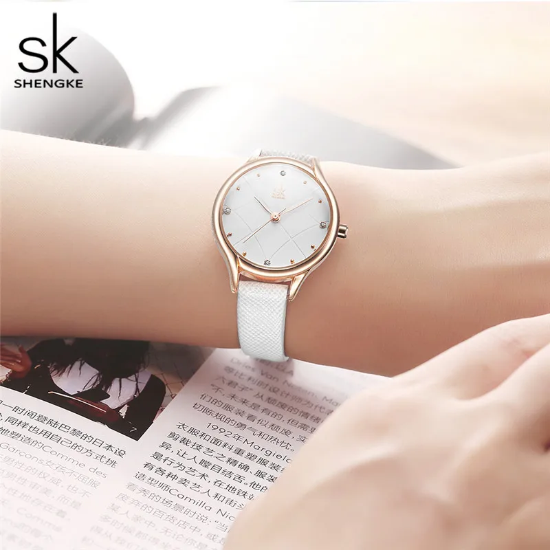 Shengke Women's Watches Fashion Leather Wrist Watch Plaid Ladies Watch White Clock Reloj Mujer Bayan Kol Saati Montre Feminino