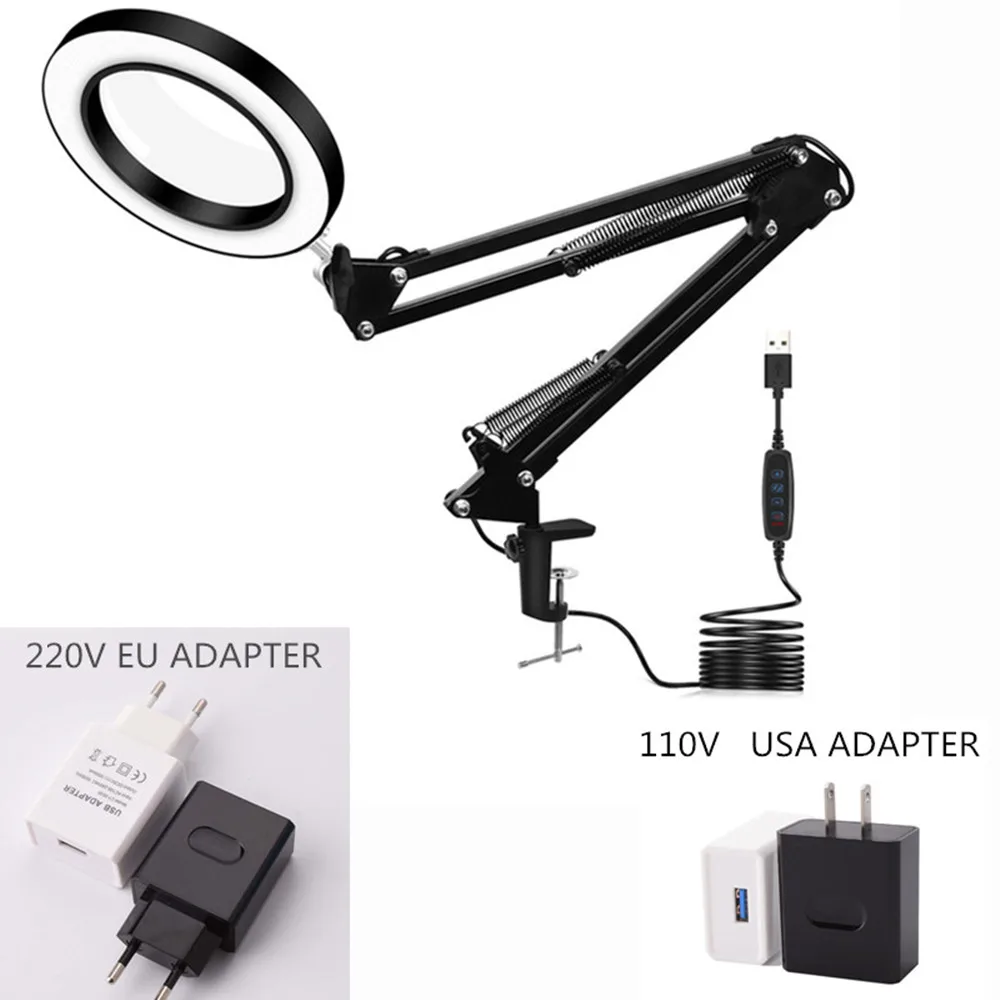 Flexibele Desk Grote 5X Usb Led Vergrootglas 3 Kleuren Verlicht Vergrootglas Lamp Loupe Reading/Rework/Solderen